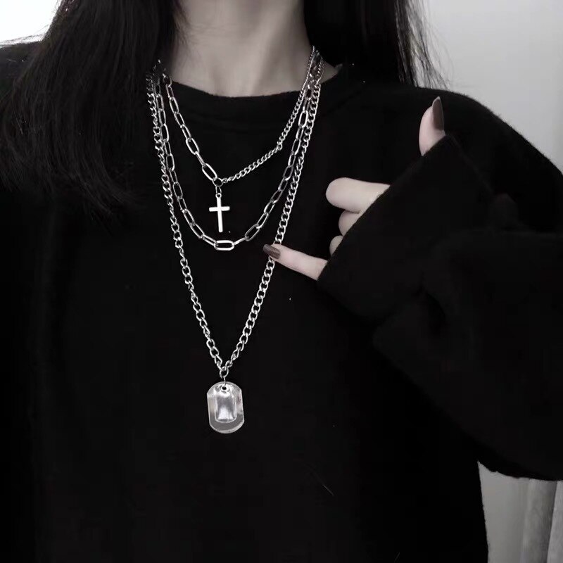 Neue Harajuku Mann Halskette Silber Farbe Multi-Schicht Lange Kette Punk Kreuz Anhänger Halsband für Frauen Kühle Hüfte hüpfen partei Schmuck