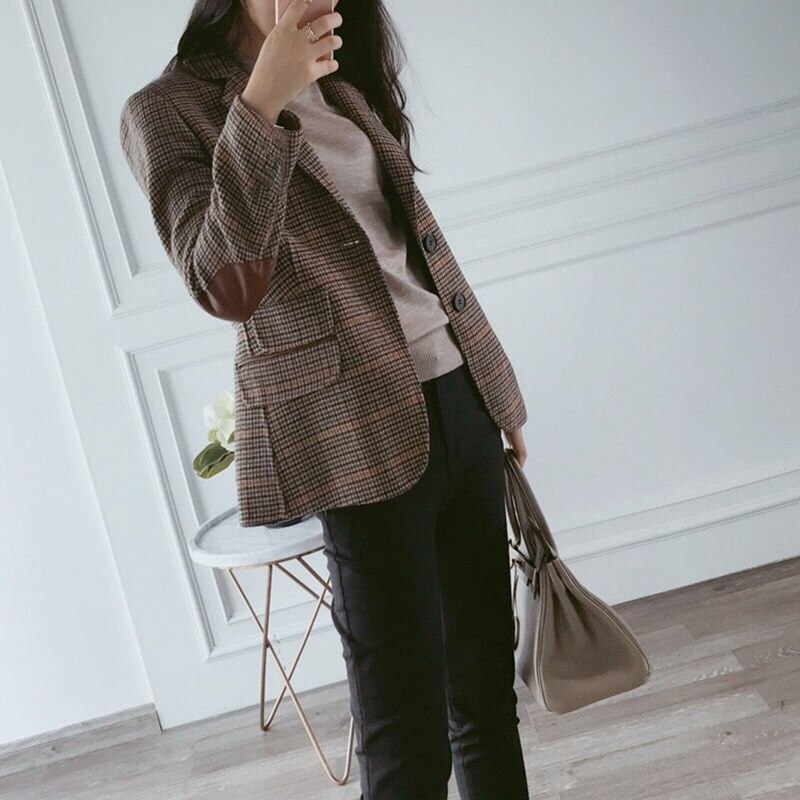 Vangull-blazer à carreaux pour femmes, manteau classique en Patchwork, Patch, coude, vêtement formel à boutonnage simple pour femme