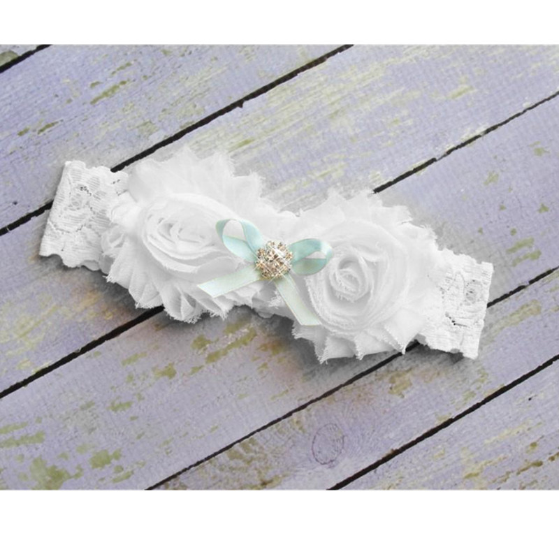 Bruiloft kousenband kantkouseband set bridal garter vintage stretch Witte Shabby bloem toss kousenband met blauwe boog