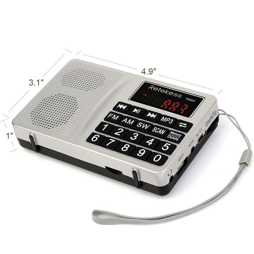 TR603 AM FM Radio Shortwave Transistor Digital Tuning Receiver MP3 Player Support TF Card with Rechargeable Li-Ion Battery