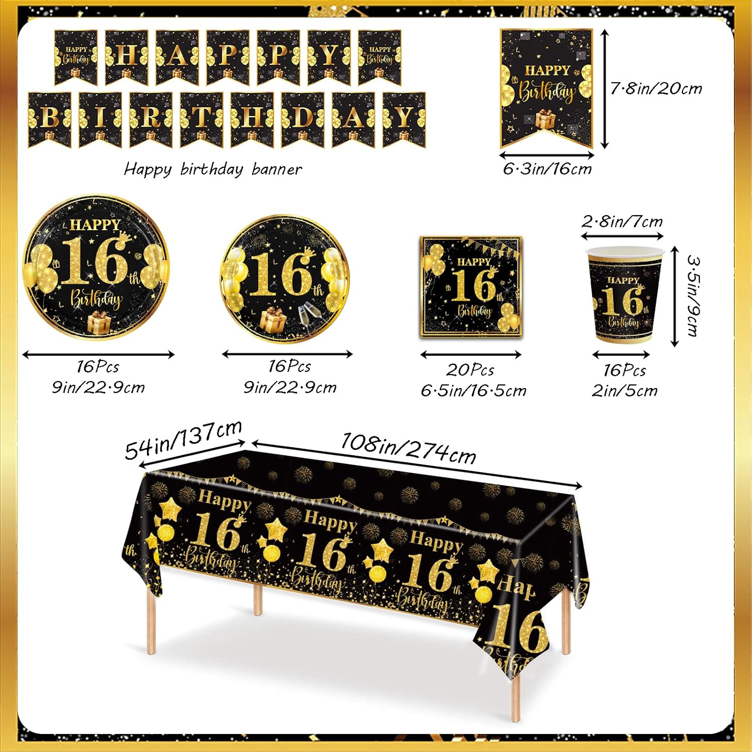 16e verjaardag voor jongens meisjes Gelukkige 16e verjaardag benodigdheden 16 feestdecoraties Zwart goud 16e verjaardag Borden Servetten Tafelkleden: Army Green
