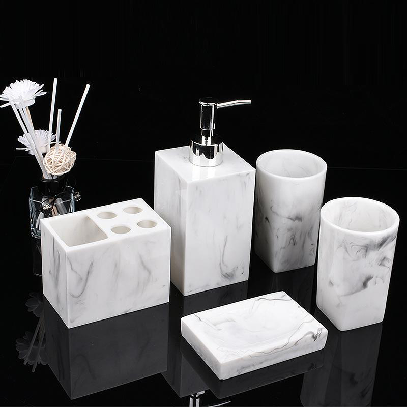 Juego de accesorios de baño de aspecto de mármol, 5 piezas, para encimera, baño, decoración de apartamento, kit de resina de imitación: Marble white