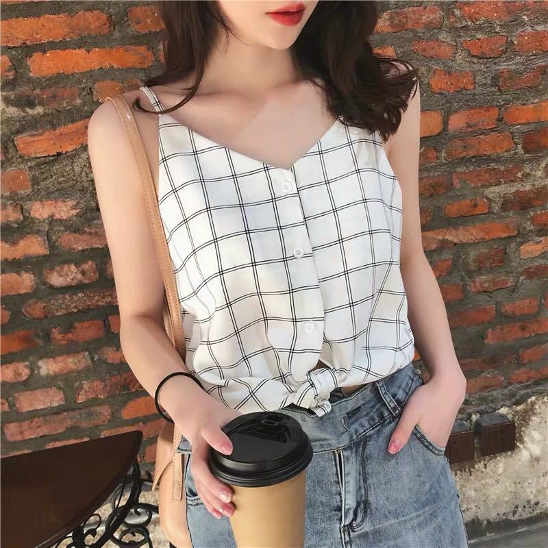 Women Plaid Sling Shirt Female Short Sleeve Elastic Blouse Summer Lady Small Tops