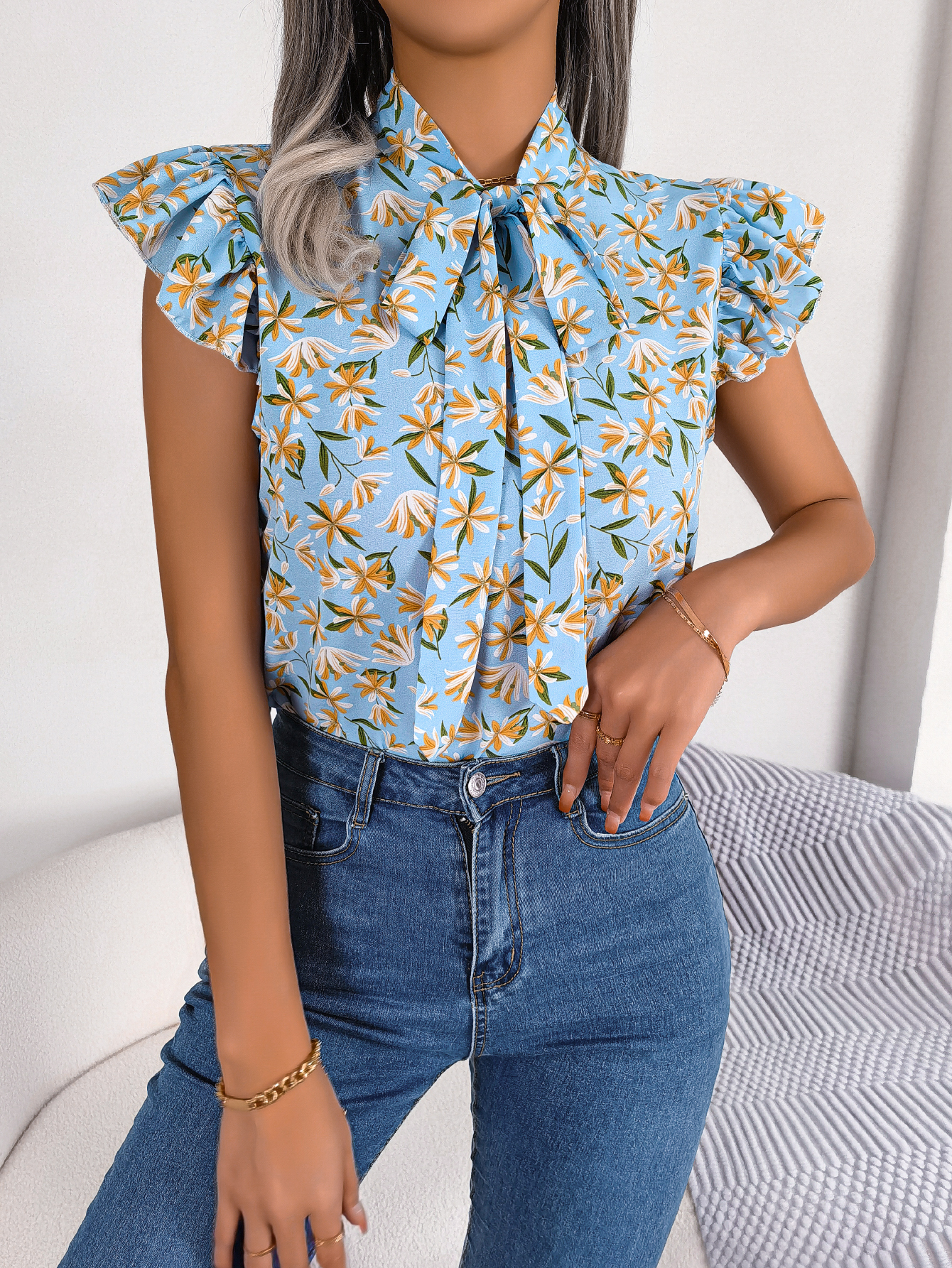 Blusa informal con estampado Floral para mujer, blusa de gasa con volantes y lazo, Top de verano: L / Azul cielo