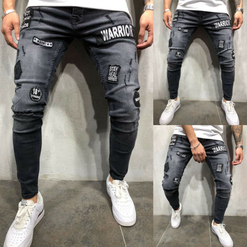 Calça jeans rasgada masculina, calça comprida skinny com rasgos destruídos para homens, casual slim fit S-3XL