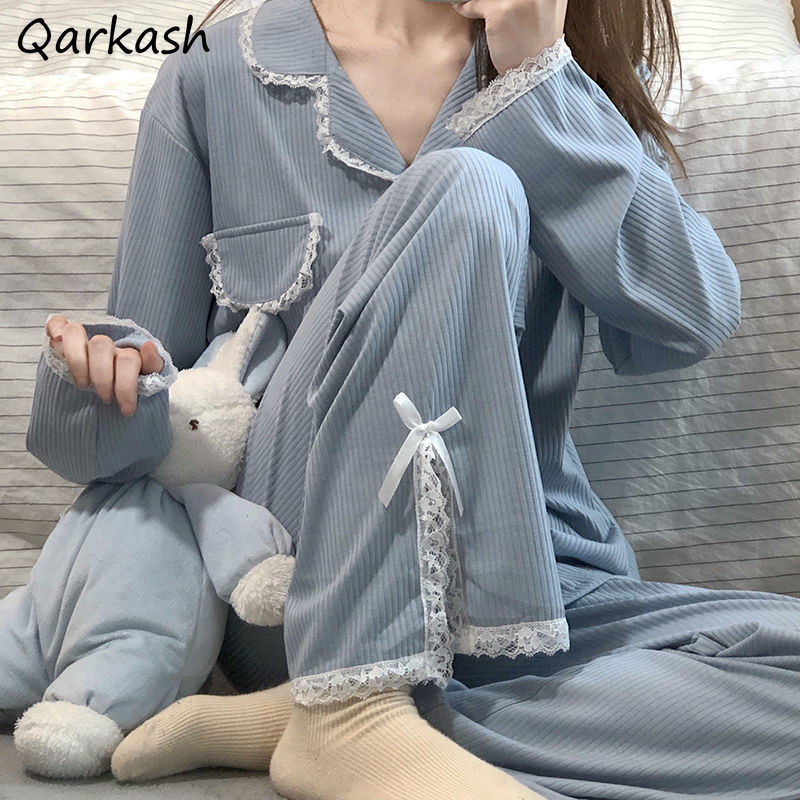 Conjunto de pijama de estilo japonés para mujer, ropa de dormir Popular, de lazo, Chic, Ulzzang, cuello vuelto, suelto y cómodo, otoño