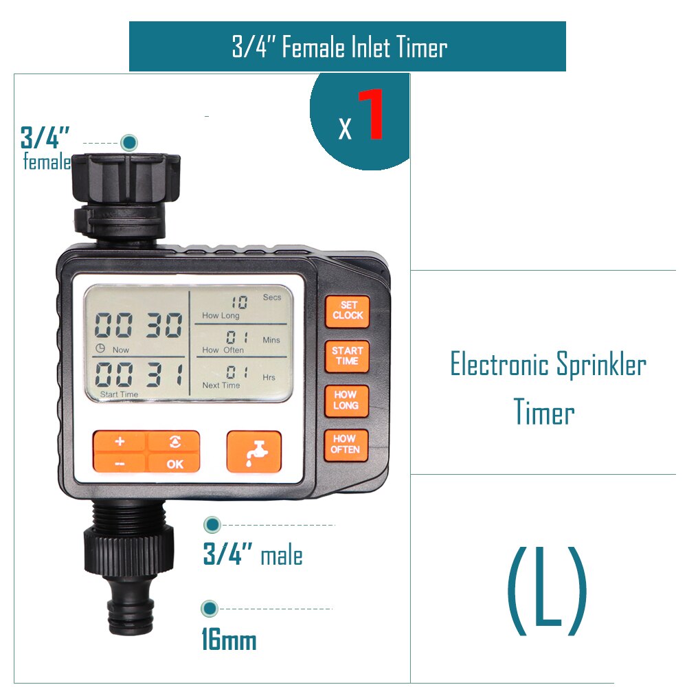 Garden Water Timer Rain Sensor Solar LCD Double Dial Controller Watering Irrigation 1/2'' 3/4'' Tap Joint Solenoid / Ball Valve: L-1PC