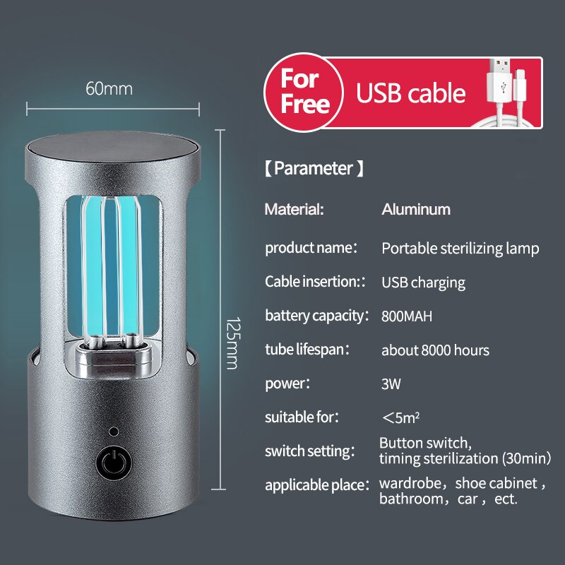 UVC Light Ultraviolet Germicidal Lamp Bedroom Wardrobe Rechargeable USB Kill Virus Sterilization Lamp Ozone UV Disinfection Lamp: Silver Gray
