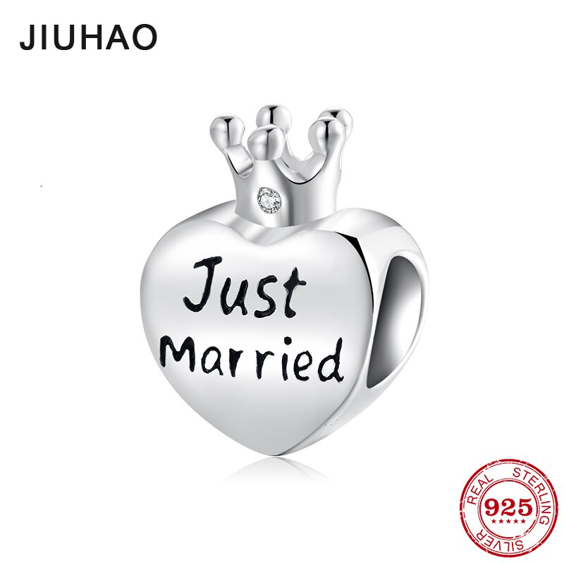 Regalo di Giorno di san valentino 925 Sterling Silver Just Married cuore Corona della regina Misura Branelli Originale JIUHAO Braccialetto di Fascino Monili che fanno
