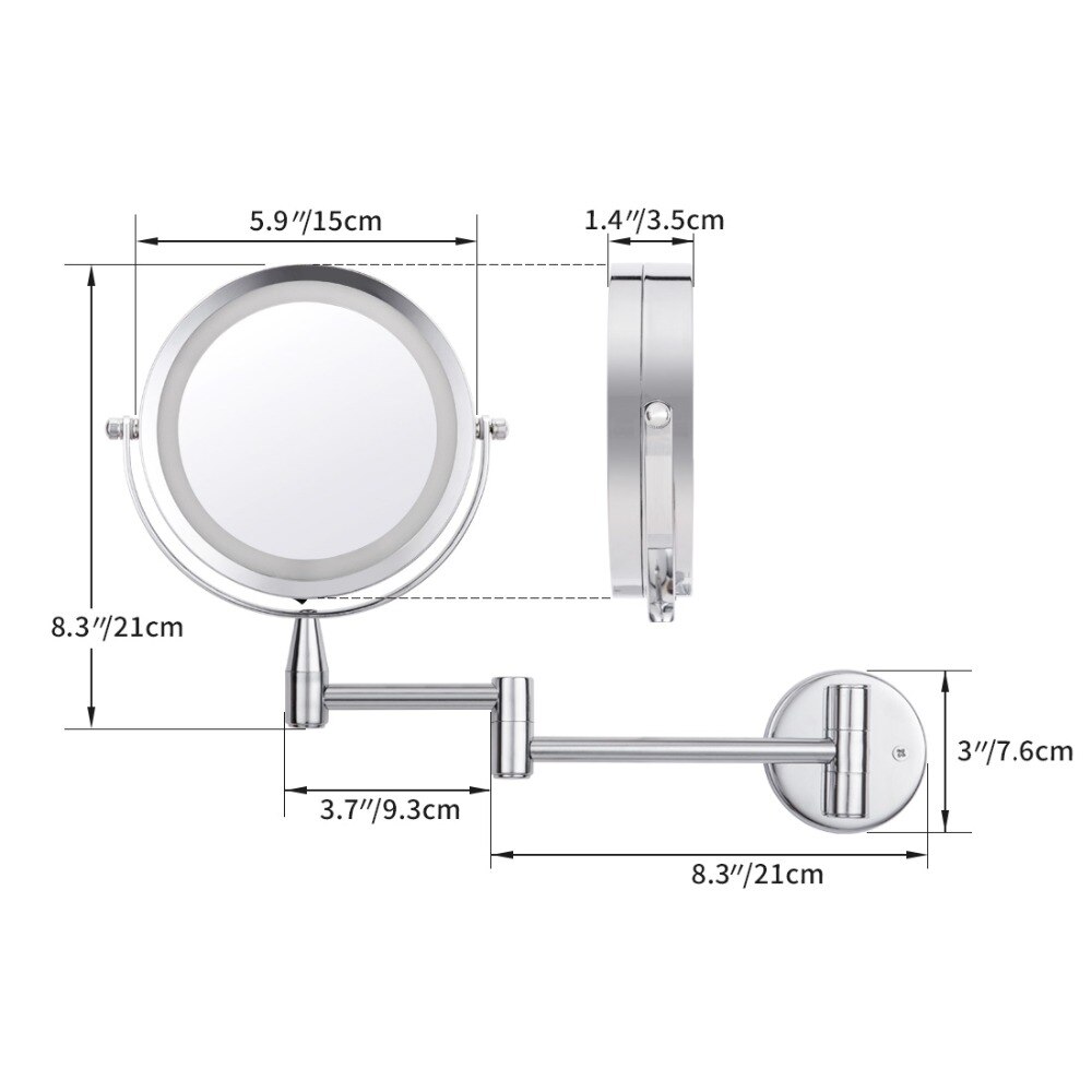 Wall Mounted Adjustable Makeup Mirror Bath Led Mirror 6 Inch 1X/5X Magnification Dual Arm Extend 2-Face Cosmetic Mirror