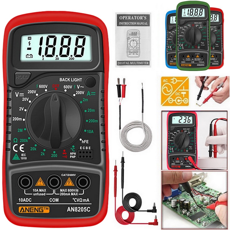 Portable 8205C Digital Multimeter AC / DC Ammeter Volt Ohm Tester Meter Multimetro With Thermocouple LCD Backlight