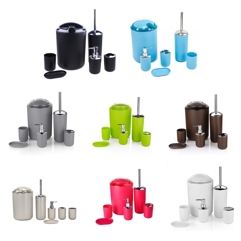 6-piece bathroom accessory set with a variety of color options. plastic