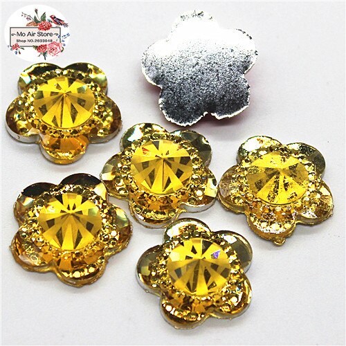 50Pcs Shiny Mix Kleur Bloem Acryl Rhinestone Flat Back Cabochon Art Supply Decoratie Charm Craft Diy 15Mm Geen gat: yellow 50pcs