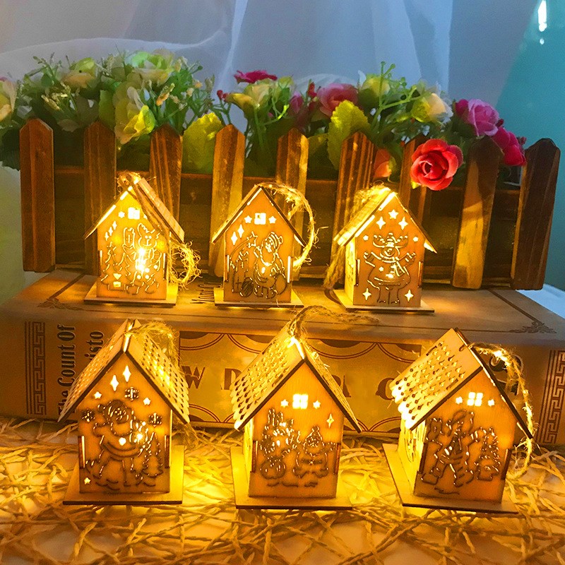 1Pcs Houten Kerst Verlichte Cabine Assembleren Kleine Huis Kerstboom Ornamenten Jaar Gloeiende Gekleurde Cottage