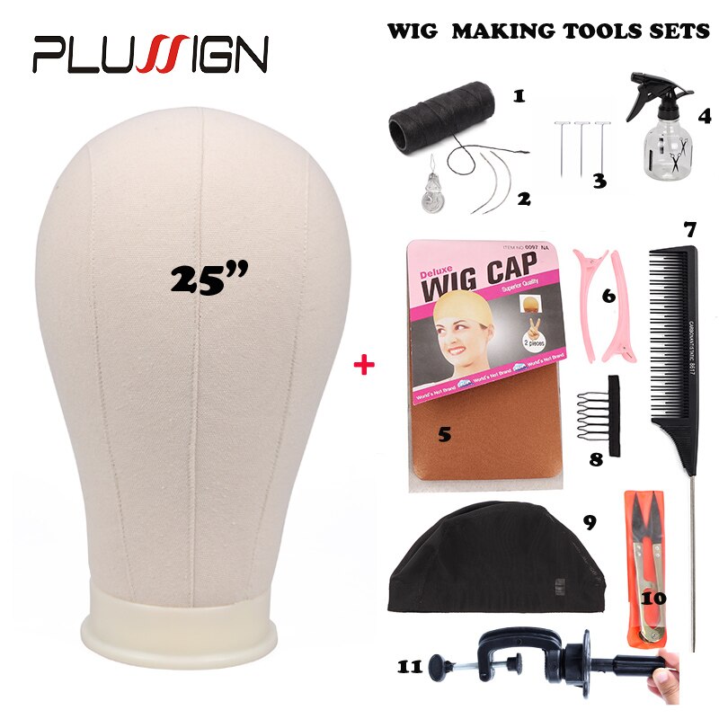 Plussign 11 PCS Wig Making Kit Canvas Block Head With Stand Mannequin Head Diy Styling Making Tools Heads Manequin: 25 Inch and Tools