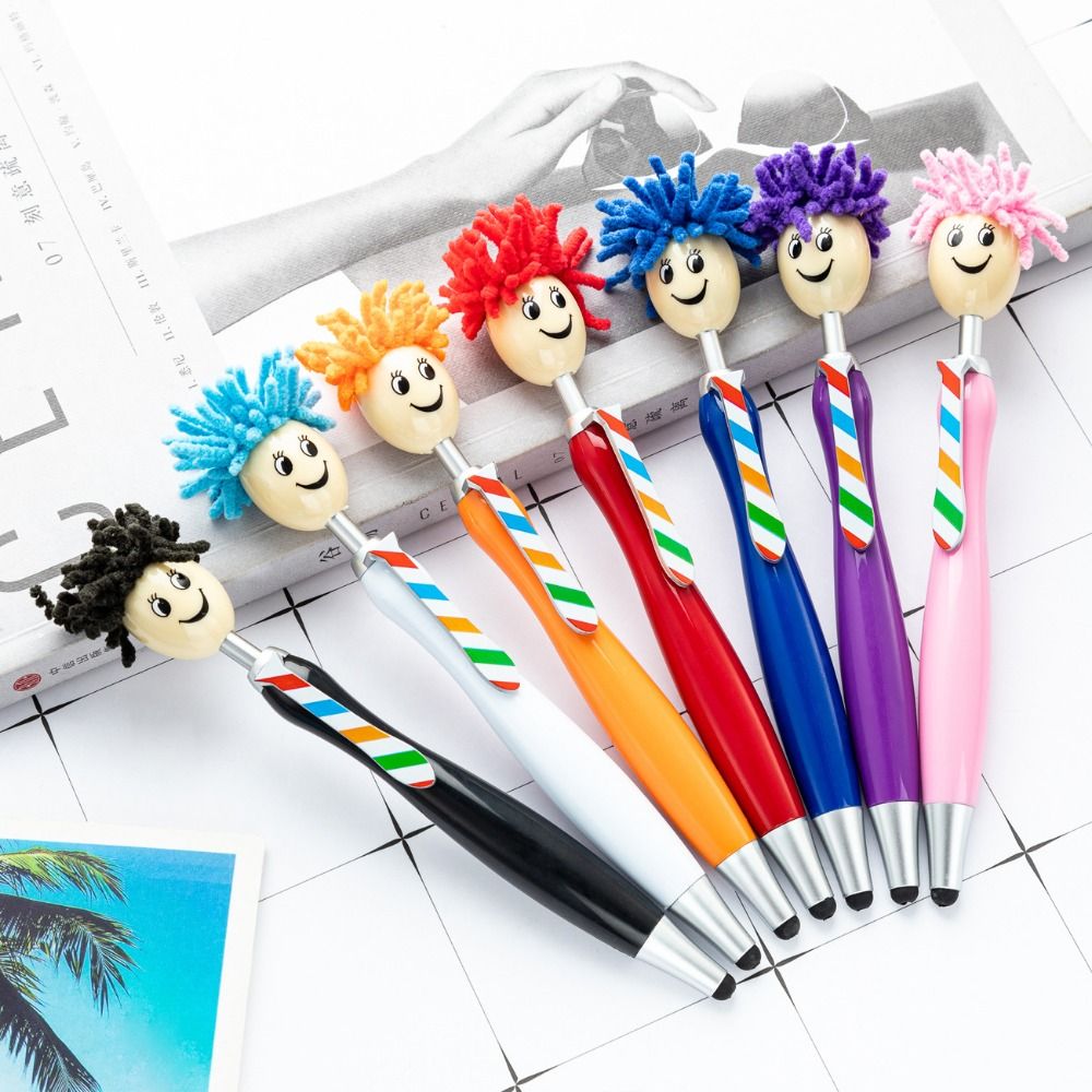 Estantes de cabeza de fregona de pelo de felpa, bolígrafos con pintura, expresión Facial, bolígrafos con forma de muñeca de dibujos animados, cara sonriente colorida