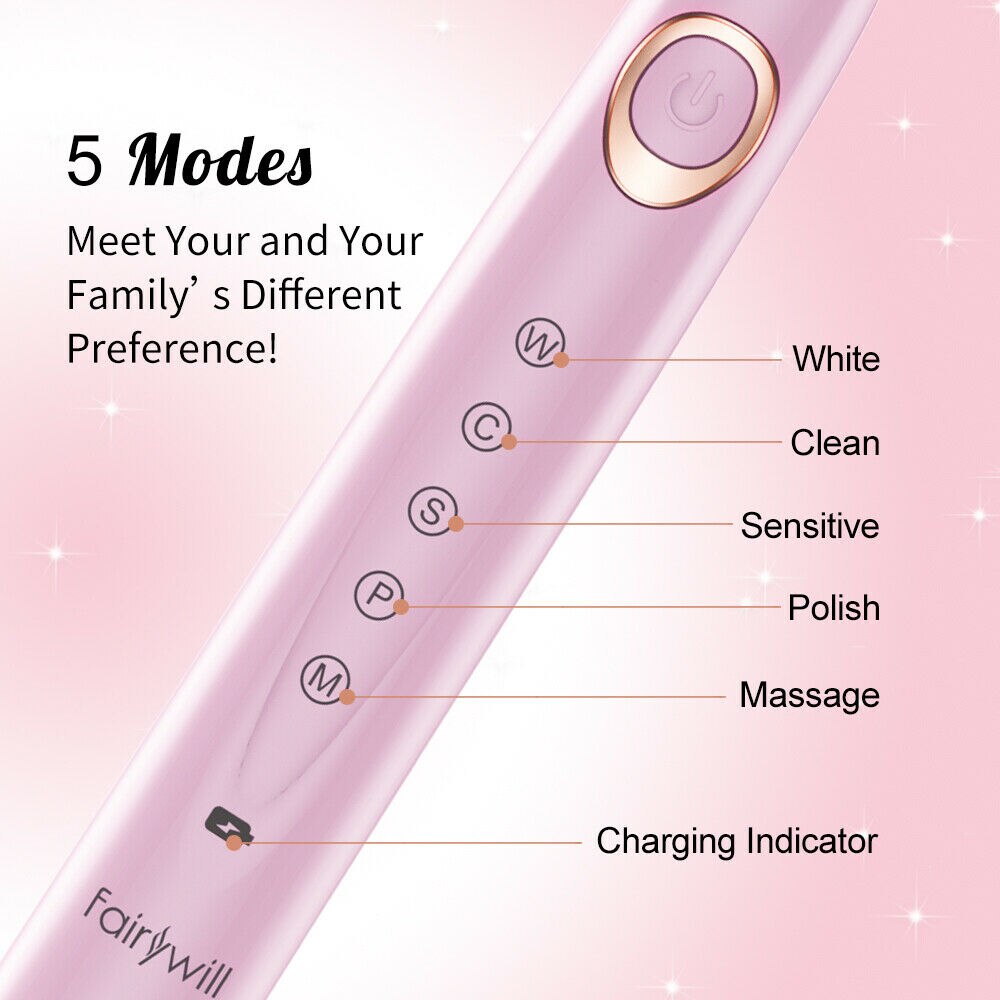 Fairywill Sonic Elektrische Zahnbürste FW-508 USB Ladung Wiederaufladbare IPX7 Wasserdichte Elektronische Zahn 8 Ersatz Pinsel Köpfe