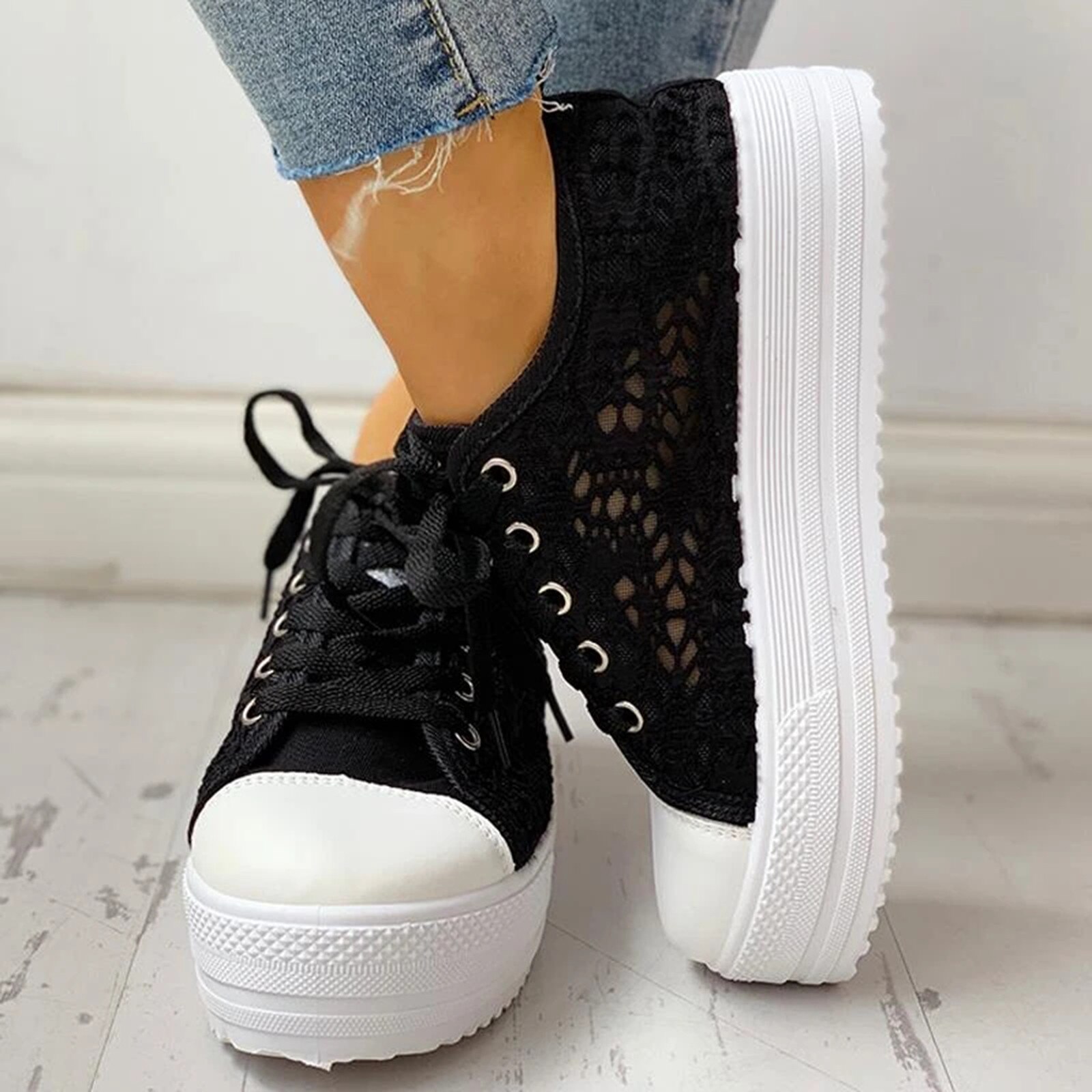 Vrouwen Mode Effen Kleuren Lace Casual Platte Mesh Ademend Platform Canvas Lace-Up Enkele Wandelschoenen Sneakers Schoeisel # G4