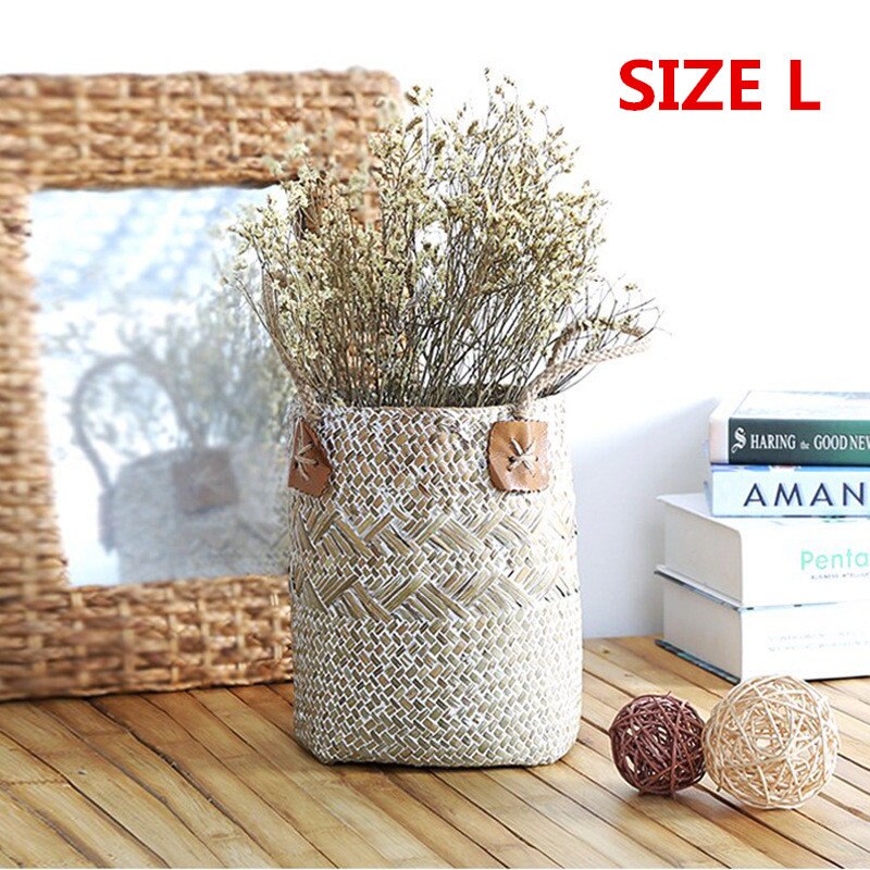 2Pcs Vintage Wipe White Straw Flower Basket Pot Natural Seagrass Woven Storage Basket Garden Flower Vase Hanging Wicker Baskets: L
