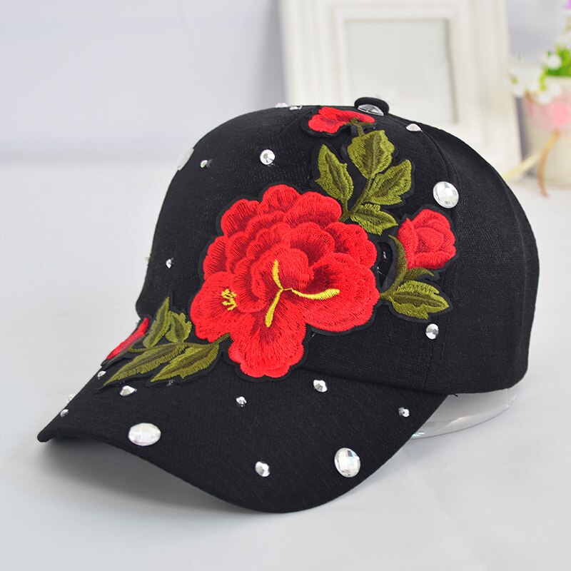 Flor Rosa bordado papá sombrero mujeres hombres lindo ajustable algodón Floral gorra de béisbol X85: black peony