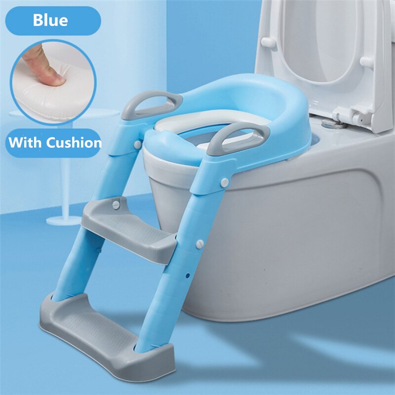 Baby Potty Training Seat Folding Children Pot Infant Baby Potty Seat with Ladder Baby Toilet Training Chair for Baby Boys Girls: Blue with Cushion