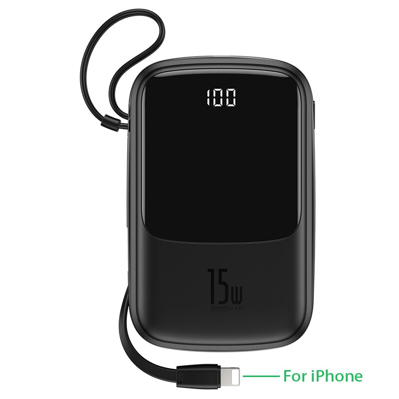 Baseus Power Bank 10000Mah 15W Snel Opladen Met Oplaadkabel Ubs Type C Lader Digitale Display Draagbare Batterij powerbank: Black For iPhone