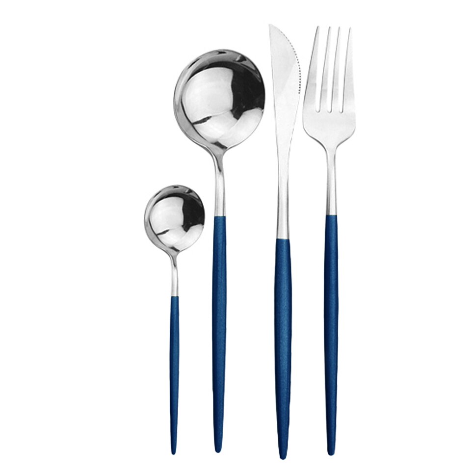 4 pièces/ensemble de couverts en or noir ensemble d'argenterie en acier inoxydable couteau fourchette cuillère ensemble de dîner Rose vaisselle couverts directe: 4Pcs Blue Silver
