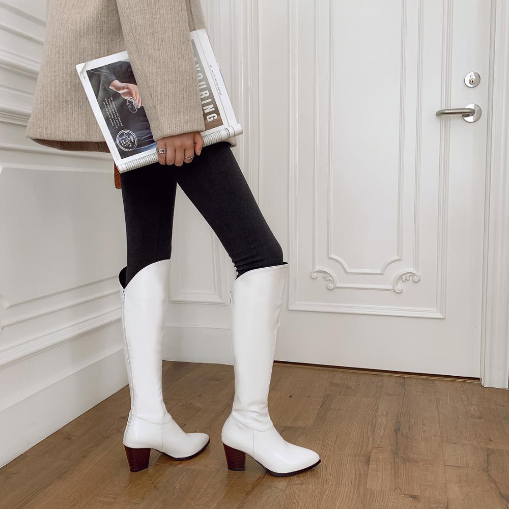 Westerse Laarzen Vrouwen Knie Hoge Cowboy Laarzen Mode Wees Teen Naaien Schoenen Vrouwelijke Hoge Hakken Dikke Schoenen Dames Herfst AB792