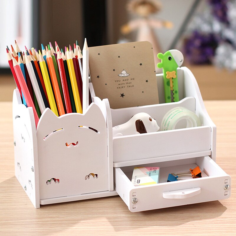 Multi-Functionele Penhouder Studenten Leuke Desktop Hout Accessoires Briefpapier Vaten Opslag Houten Doos Bureau Pen Potlood Organisator