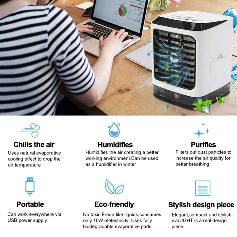 Portable Evaporative Air Cooler, Mini USB Air Conditioner, 4 In 1 Small Personal Space Air Conditioner Cooler Humidifier