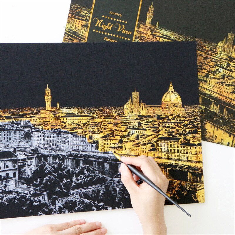 40.5cm*28.5cm Scratch Night View World City Scraping Paintings Decorative Paper DIY Paintings DIY