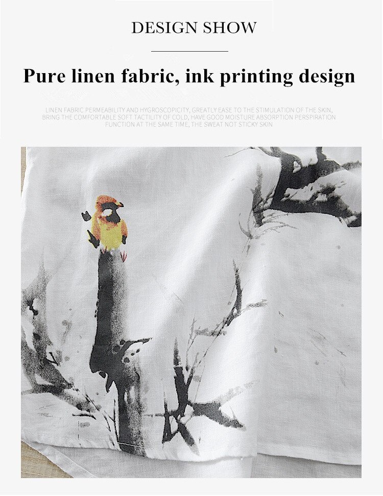 Camisa de lino puro para hombre, Camisa de manga corta con cuello levantado, estampado de pintura de tinta china, de lino blanco