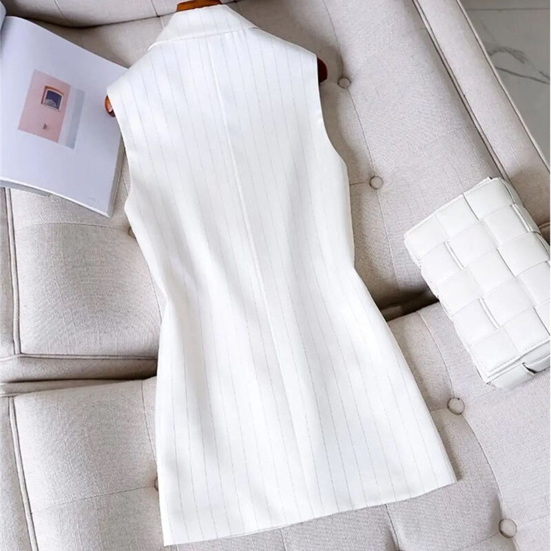 Gilet mi-long à rayures pour femmes, veste de costume coréen, sans manches, col, collection printemps-automne