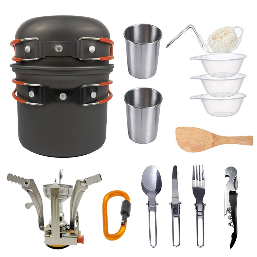 Aluminium Legierung draussen Camping Reise Kochgeschirr Camping Topf Wandern Picknick Tourist Geschirr einstellen Mit Klapp Löffel Mini Gas Herde