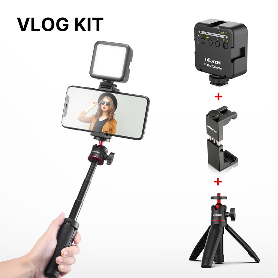 Smartphone vlog  vl49 mini led video lys stativ telefon holder til dslr kamera iphone 11 pro max vlog fotografering studie kit