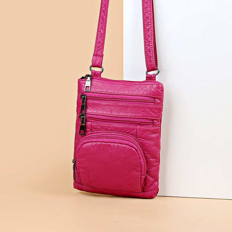 Sacos crossbody para as mulheres do vintage messenger bags meninas multi-bolso bolsas de ombro sacos de telefone de couro lavado pacotes rosa vermelha