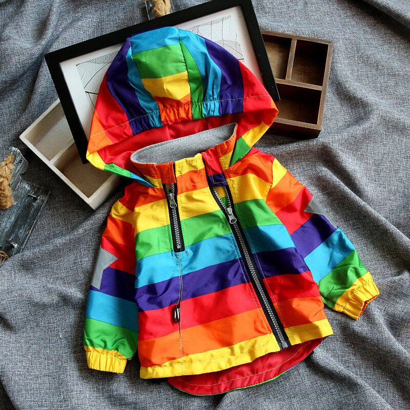 Baby Boys Girls Rainbow Coat Hooded Sun Water Proof Children's Jacket Rainbow Stripe Jacket Long Sleeves For Kids Clothes