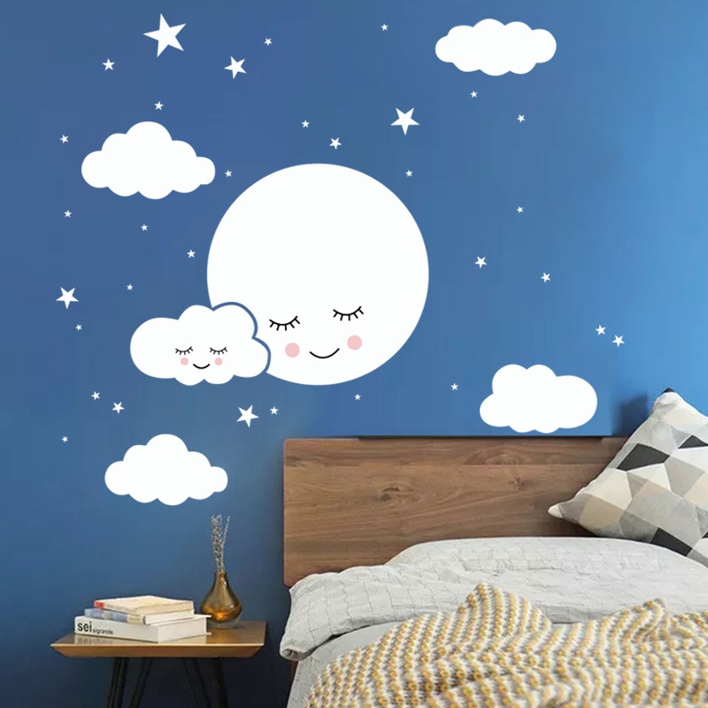 Respetuoso con el medio ambiente blanco nubes de dibujos animados Luna pegatinas de pared bebé habitación niños removible de decoración de habitación vinilo pared calcomanías habitaciones decoración del hogar