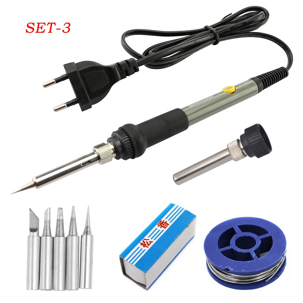60W Mini Gray Electric Soldering Iron With Adjustable Temperature 220V/110V Soldering Rework Station Soldering Iron Accessories: 220V EU Plug / SET-3