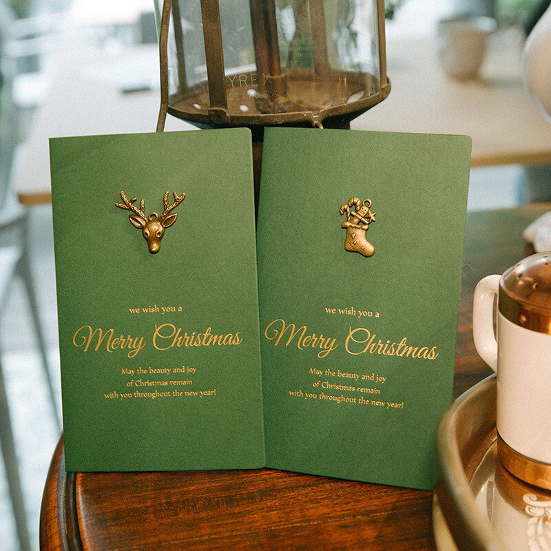 10Pcs/Set Vintage DIY Christmas Green Greeting Cards with Envelope Party Gold Embossed Invitation Postcards