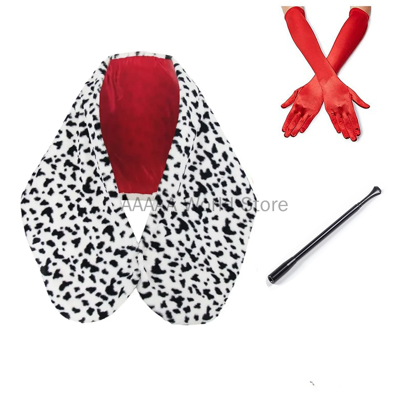 Women Cruella Deville Costume Accessories Spotted Dog Leopard Print Scarf 1920s Gloves and Holder for Cosplay Halloween Party: black