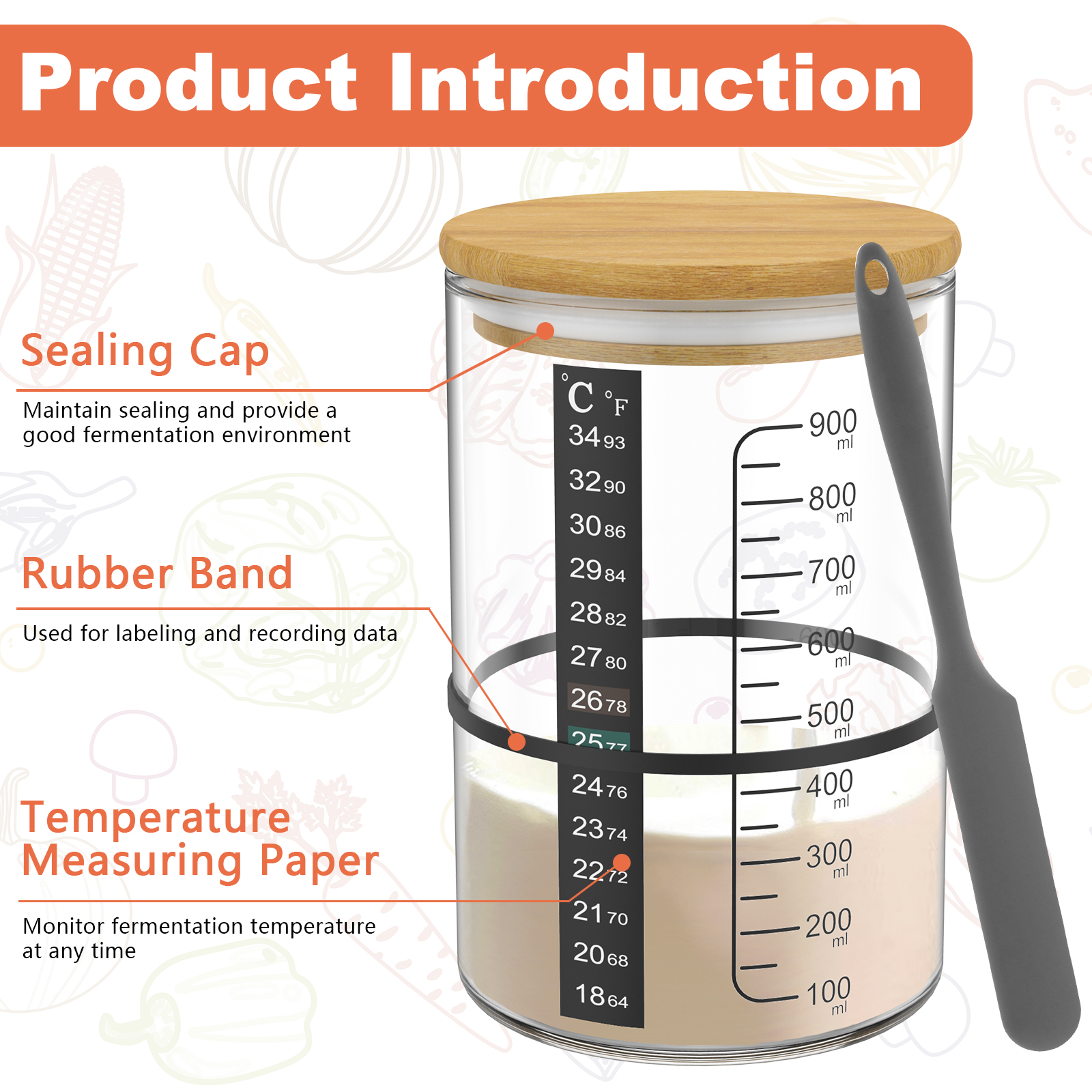 Jarra de vidro transparente para partida de massa fermentada, 900ml, kit de boca larga com tampa, jarra de fermentação para cozimento, armazenamento de alimentos