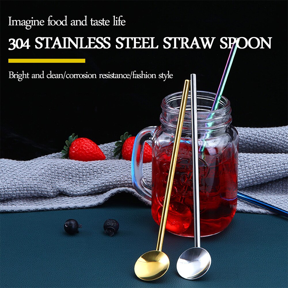 portable 304 stainless steel Straw+Spoon drinking straw milk tea cold drink coarse straw metal cup iron straw for bars/restauran