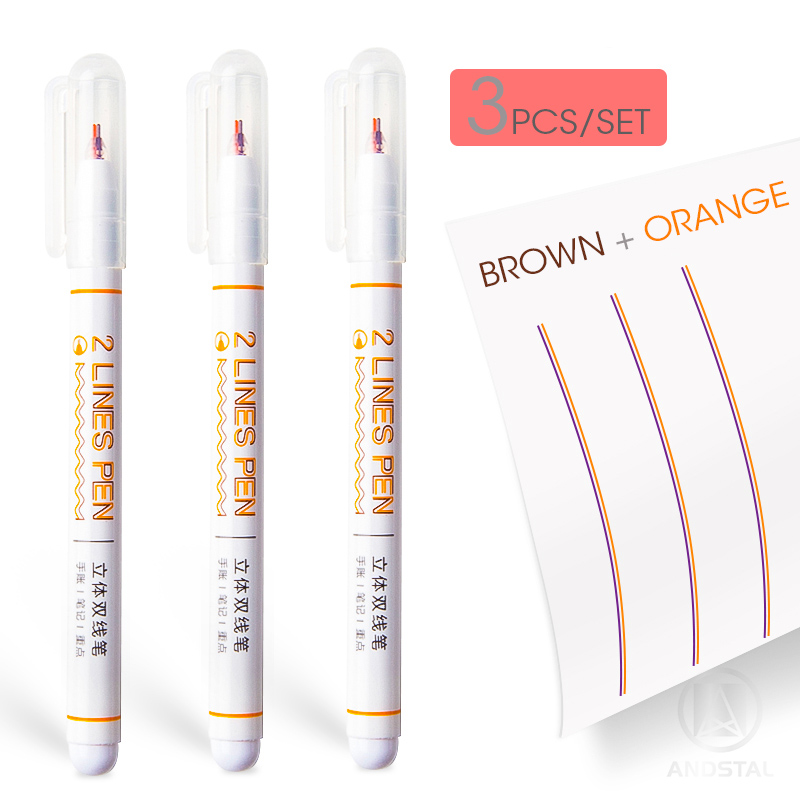 Andstal 2 linjers kuglepen sæt 0.5mm doule line art markør pen fine liner markører fineliner farve blæk tegne scrapbog journaling penne: 3 stk brun x orange