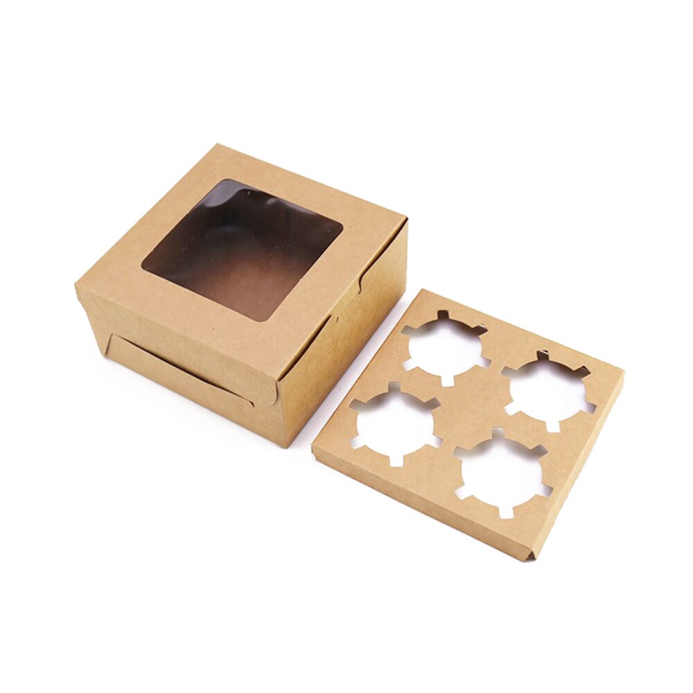 4 Cavities Kraft Paper Cupcake Box Dessert Containers Bakery Cake Carriers for Home Dessert Shop
