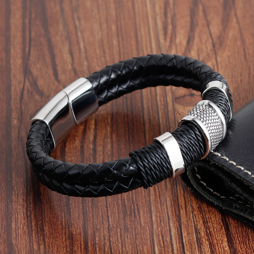 Mannen Lederen Armband Roestvrij Staal Magnetische Sluitingen Gevlochten Touw Polsband Punk Bangles Mannelijke Sieraden