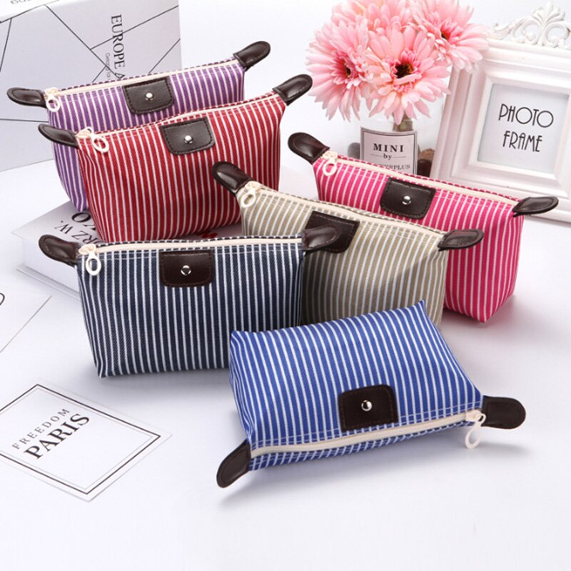 Foldable Stripes Women Travel Toiletry Make Up Cosmetic pouch bag Clutch Handbag Purses Case Makeup Bag Organizer
