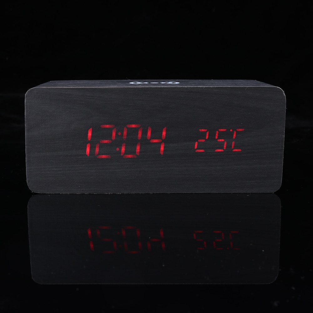 Digital Home Decoration Wooden Electric Alarm Clock with Wireless Charging Pad LED Digital Charger for BedroomUSB Charging Cable
