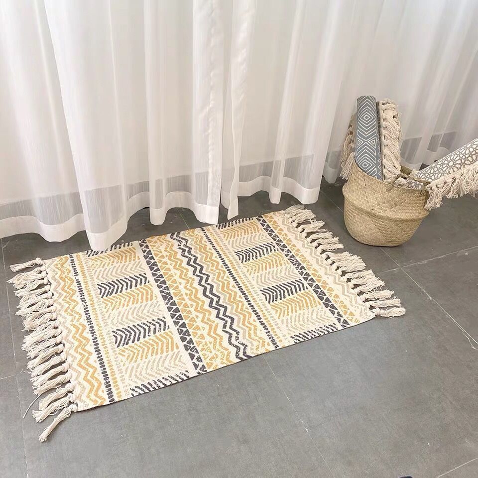 Ins etnisk stil vævet linned bomulds rektangel tæppe mat til stue håndmad lille tæppe soveværelse sengelinned fodpude vaskbar: E