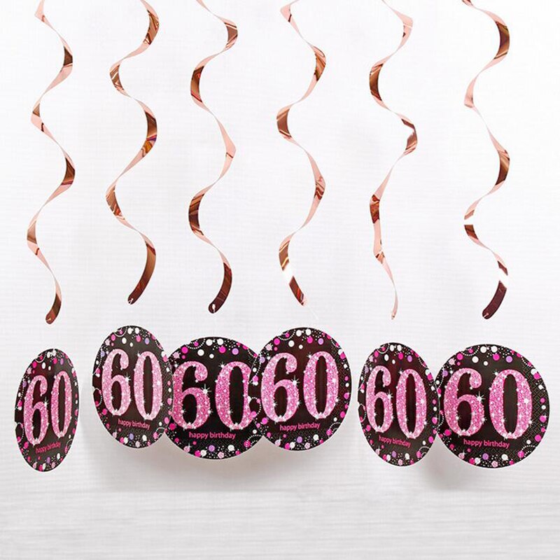 6pcs/set PVC Spiral Happy Birthday Swirl 18 21 30 40 50 60 70 Years Old Hanging Birthday Party Decorations Colored Ribbon: 60-pink